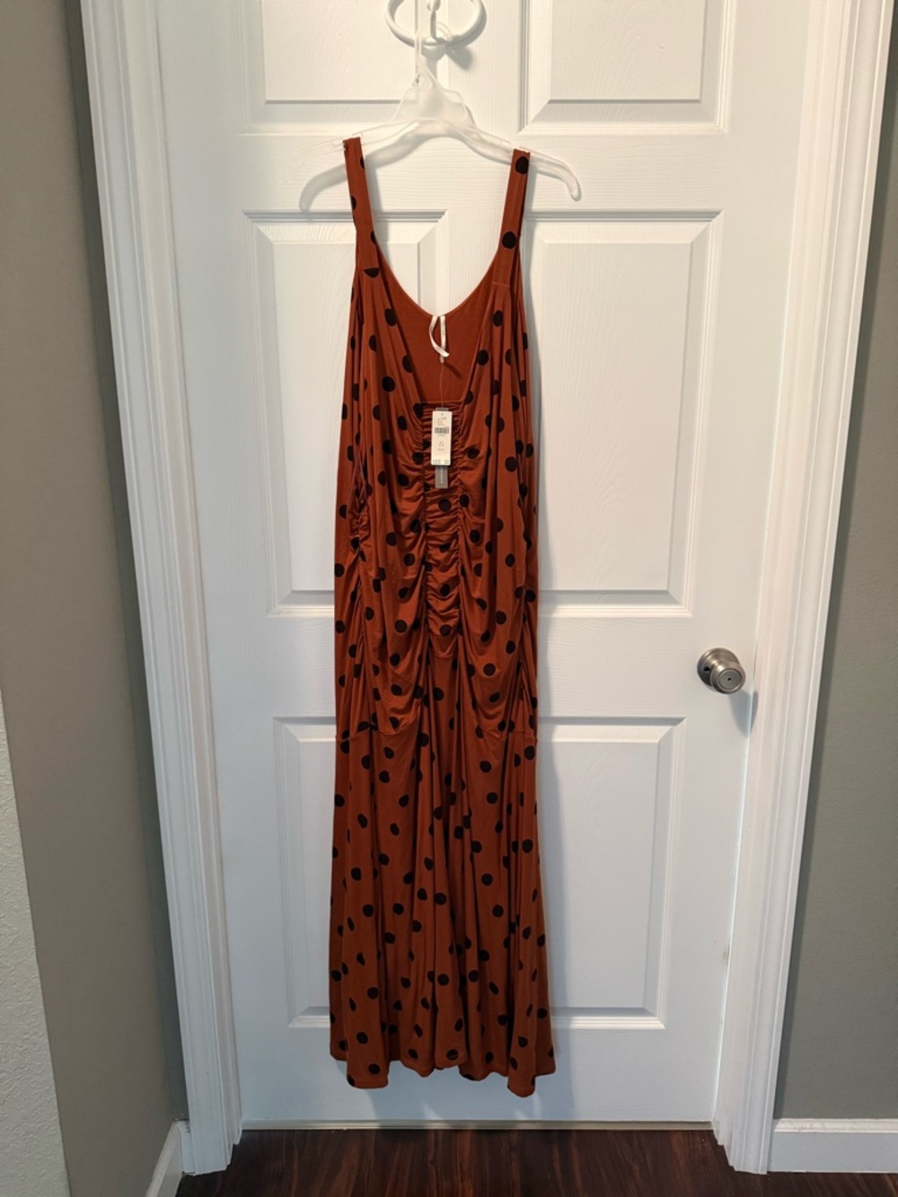 Anthropologie Orange Rust Polka Dot Ruched V-Neck Dress